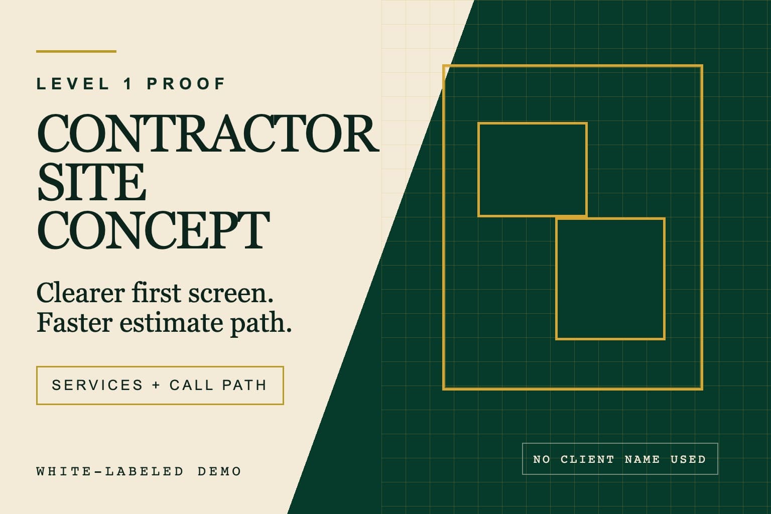 Anonymous contractor website concept preview with a blueprint-style layout.