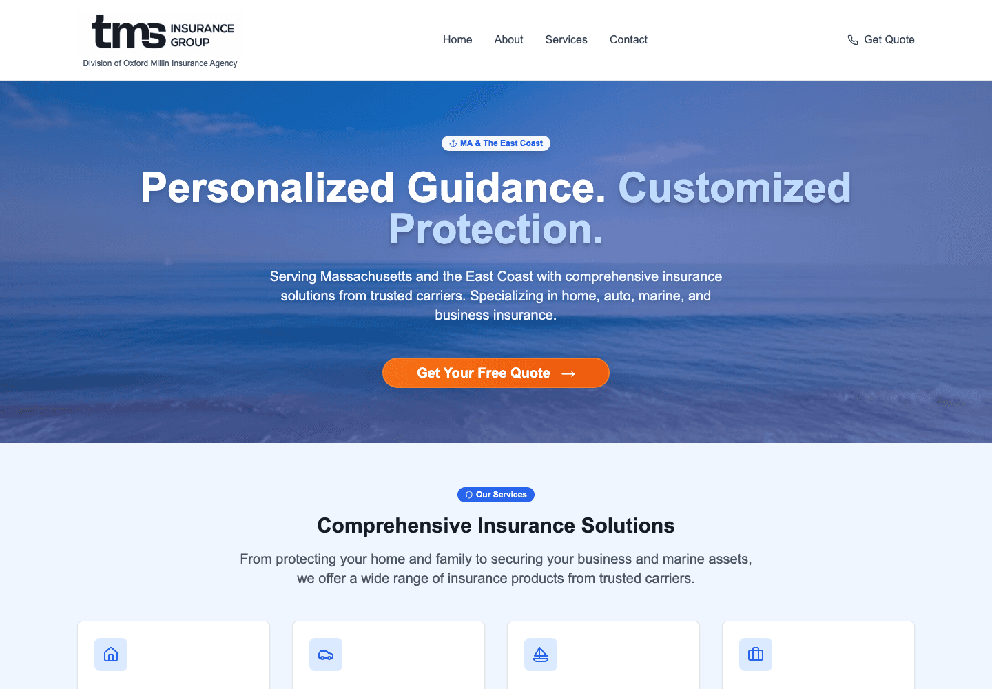 TMS Insurance Group homepage showing the insurance agency hero and service cards.