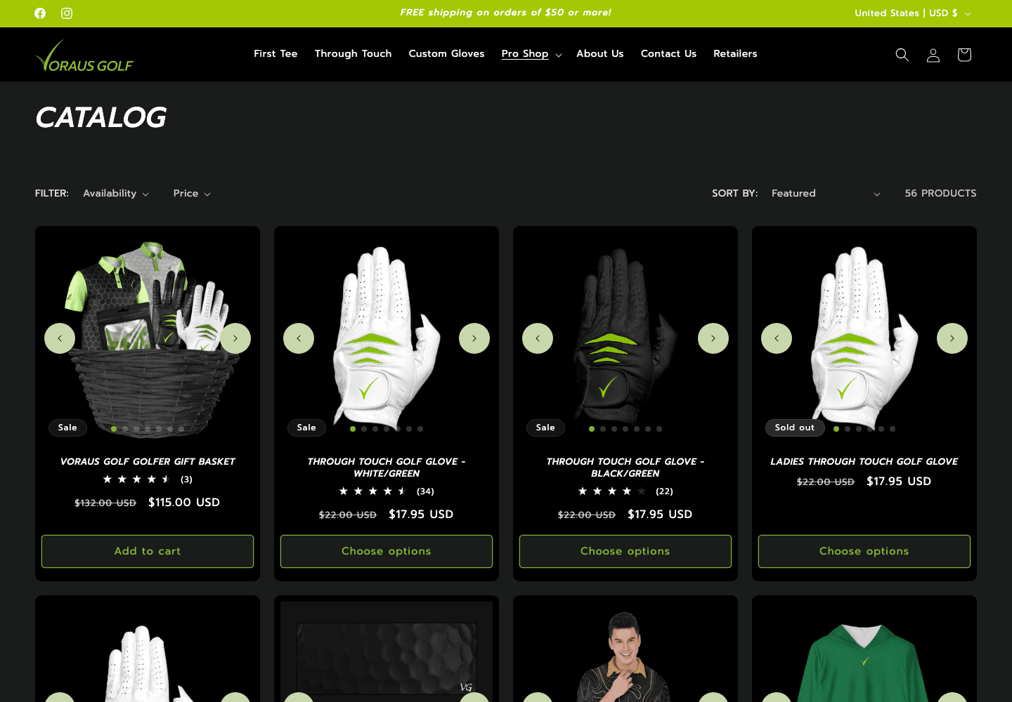 Voraus Golf product catalog page showing golf gloves, prices, filters, and cart options.